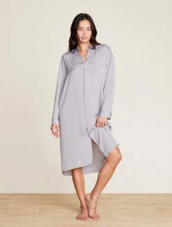Washed Satin Piped Nightshirt With Love Embroidery -SAP Clothing Shop BDWES21645 DoveGray 1322