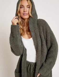 CozyChic® Boucle Hooded Long Coatigan -SAP Clothing Shop BDWNV21238 OliveBranch 0533